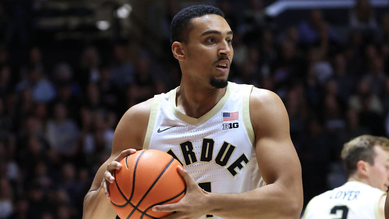 WEST LAFAYETTE, INDIANA - NOVEMBER 04: Trey Kaufman-Renn #4 of the Purdue Boilermakers rebounds the ball against the Texas A&M-CC Islanders at Mackey Arena on November 04, 2024 in West Lafayette, Indiana.