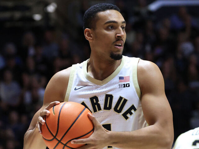 WEST LAFAYETTE, INDIANA - NOVEMBER 04: Trey Kaufman-Renn #4 of the Purdue Boilermakers rebounds the ball against the Texas A&M-CC Islanders at Mackey Arena on November 04, 2024 in West Lafayette, Indiana.