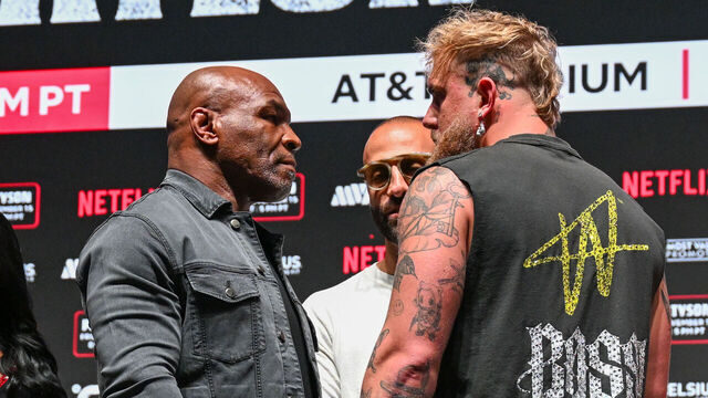 IRVING, TEXAS - NOVEMBER 13: Mike Tyson and Jake Paul pose at a press conference at the Toyota Music Factory in Irving, Texas on November 13, 2024 for their heavyweight world titles of the Premiere Boxing Championship which will be on November 15 Friday night at AT&T Stadium in Arlington, Texas, United States.