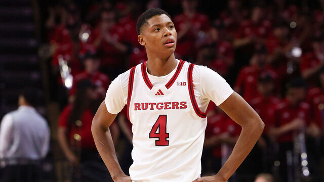 PISCATAWAY, NEW JERSEY - OCTOBER 17: Airious Bailey #4 of the Rutgers Scarlet Knights during the second half of their game against the St. John's Red Storm at Jersey Mike's Arena on October 17, 2024 in Piscataway, New Jersey.