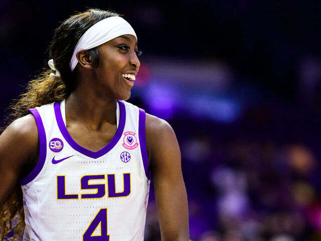 BATON ROUGE, LOUISIANA - NOVEMBER 9: Flau'jae Johnson #4 of the LSU Tigers in action during a game against the Northwestern State Demons at the Pete Maravich Assembly Center on November 9, 2024 in Baton Rouge, Louisiana.