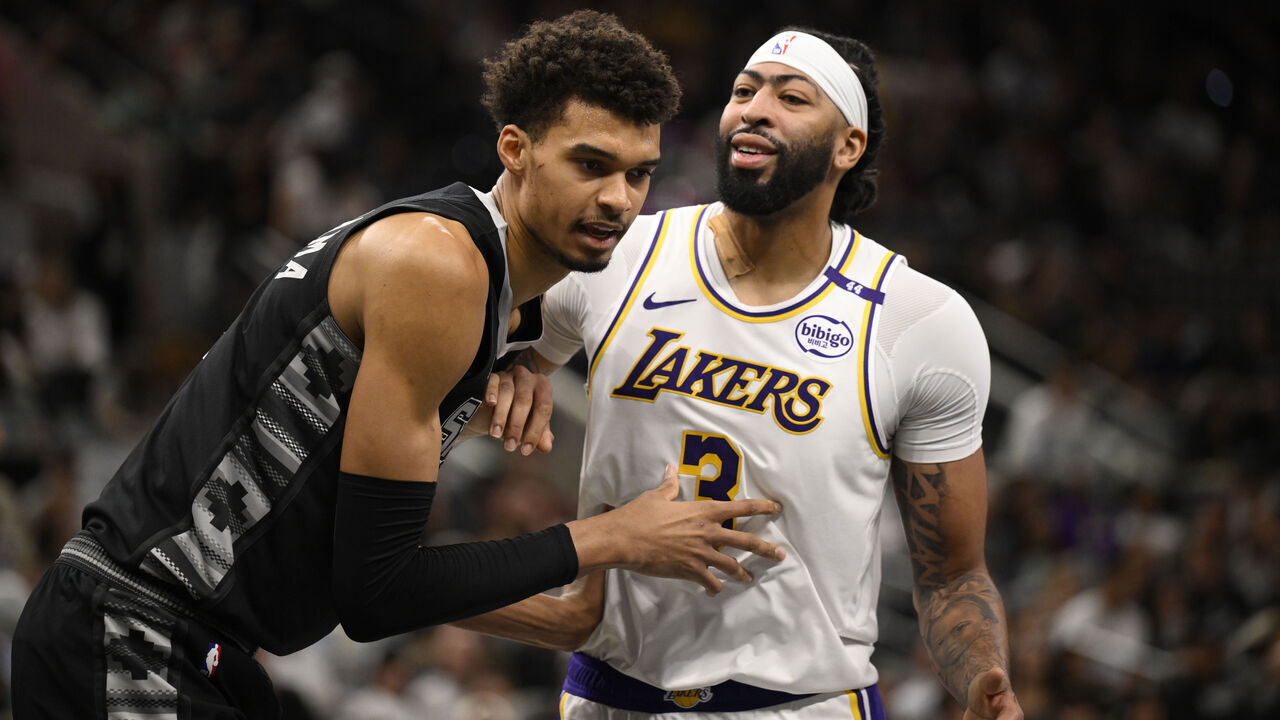 SAN ANTONIO, TX - NOVEMBER 15: Victor Wembanyama #1 of the San Antonio Spurs and Anthony Davis #3 of the Los Angeles Lakers look on during the game during the Emirates NBA Cup game on November 15, 2024 at the Frost Bank Center in San Antonio, Texas. Mandatory Copyright Notice: Copyright 2024 NBAE (Photos by David Dow/NBAE via Getty Images)