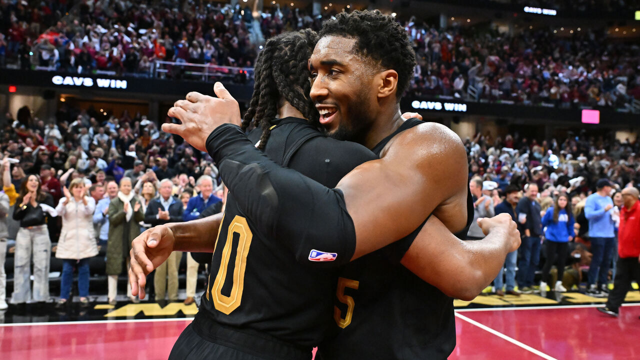 CLEVELAND, OHIO - NOVEMBER 15: Darius Garland #10 celebrates with Donovan Mitchell #45 of the Cleveland Cavaliers after the Cavaliers defeated Chicago Bulls during the Emirates NBA Cup game at Rocket Mortgage Fieldhouse on November 15, 2024 in Cleveland, Ohio. The Cavaliers defeated the Bulls 144-126.