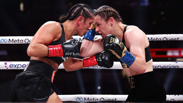 ARLINGTON, TEXAS - NOVEMBER 15: (L-R) Katie Taylor and Amanda Serrano fight during LIVE On Netflix: Jake Paul vs. Mike Tyson at AT&T Stadium on November 15, 2024 in Arlington, Texas.