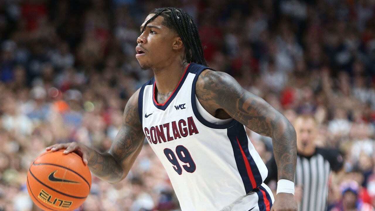 SPOKANE, WASHINGTON - NOVEMBER 04: Khalif Battle #99 of the Gonzaga Bulldogs controls the ball against the Baylor Bears during the second half of the game at the Spokane Arena on November 04, 2024 in Spokane, Washington.