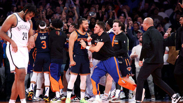 NEW YORK, NEW YORK - NOVEMBER 15: Jalen Brunson #11 of the New York Knicks celebrates victory over the Brooklyn Nets at Madison Square Garden on November 15, 2024 in New York City.