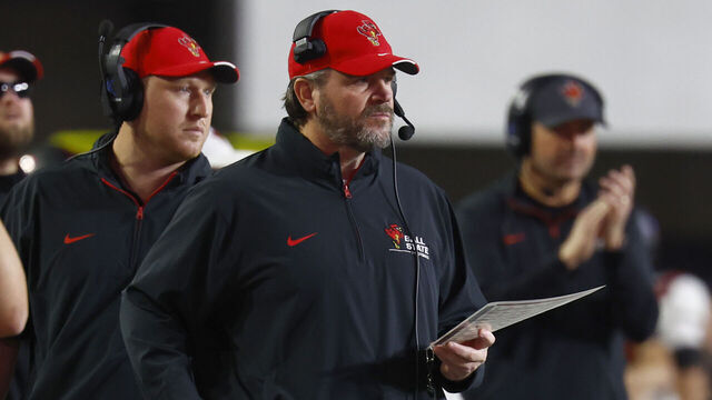 NASHVILLE, TENNESSEE - OCTOBER 19: Head oach Mike Neu of the Ball State Cardinals looks on during the third quarter of the game against the Vanderbilt Commodores at FirstBank Stadium on October 19, 2024 in Nashville, Tennessee.