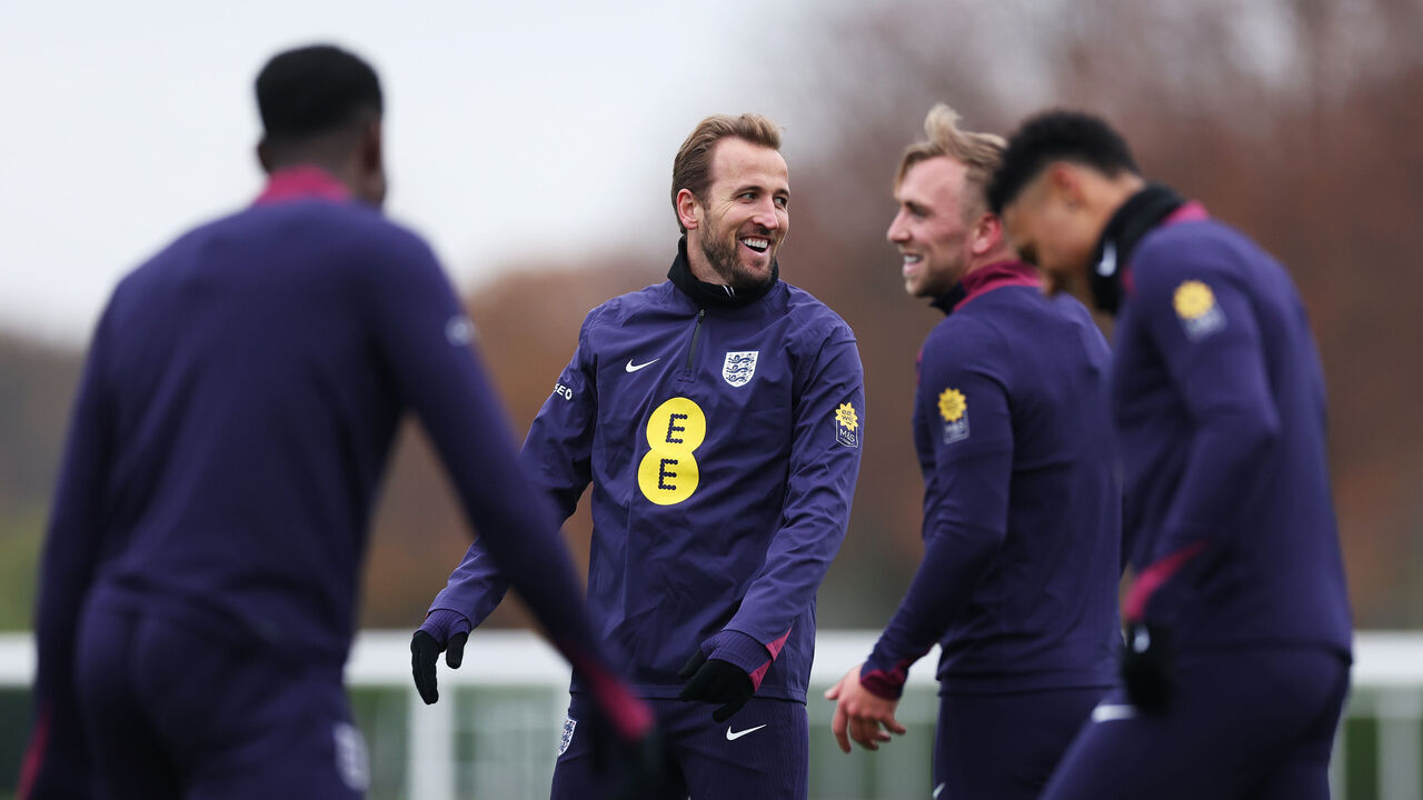 ENFIELD, ENGLAND - NOVEMBER 16: Harry Kane of England reacts during a training session at Tottenham Hotspur Training Centre on November 16, 2024 in Enfield, England.