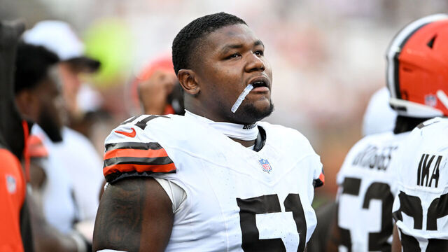 CLEVELAND, OHIO - AUGUST 17: Mike Hall Jr. #51 of the Cleveland Browns looks on during the second half of a preseason game against the Minnesota Vikings at Cleveland Browns Stadium on August 17, 2024 in Cleveland, Ohio.