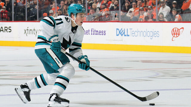 PHILADELPHIA, PENNSYLVANIA - NOVEMBER 11: Macklin Celebrini #71 of the San Jose Sharks skates the puck against the Philadelphia Flyers at the Wells Fargo Center on November 11, 2024 in Philadelphia, Pennsylvania.