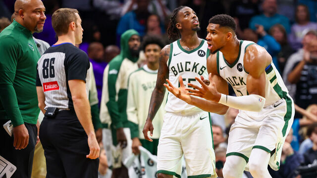 CHARLOTTE, NORTH CAROLINA - NOVEMBER 16: Giannis Antetokounmpo #34 of the Milwaukee Bucks reacts to a call during the second half of a basketball game against the Charlotte Hornets at Spectrum Center on November 16, 2024 in Charlotte, North Carolina.