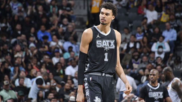 SAN ANTONIO, TX - OCTOBER 22: Victor Wembanyama #1 of the San Antonio Spurs looks on during the NBA Cup game against the Los Angeles Lakers on October 22, 2024 at the Frost Bank Center in San Antonio, Texas. Mandatory Copyright Notice: Copyright 2024 NBAE (Photos by Michael Gonzales/NBAE via Getty Images)