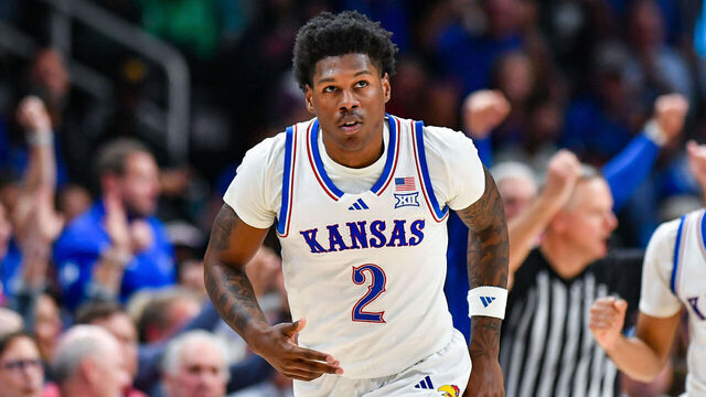 ATLANTA, GA NOVEMBER 12: Kansas guard AJ Storr (2) reacts during the college basketball game between the Michigan State Spartans and the Kansas Jayhawks on November 12th, 2024 at State Farm Arena Hank in Atlanta, GA.