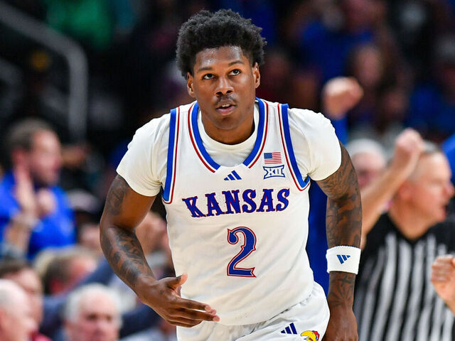 ATLANTA, GA NOVEMBER 12: Kansas guard AJ Storr (2) reacts during the college basketball game between the Michigan State Spartans and the Kansas Jayhawks on November 12th, 2024 at State Farm Arena Hank in Atlanta, GA.