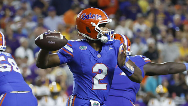 GAINESVILLE, FL - NOVEMBER 16: Florida Gators quarterback DJ Lagway (2) throws a pass during the game between the LSU Tigers and the Florida Gators on November 16, 2024 at Ben Hill Griffin Stadium at Florida Field in Gainesville, Fl.