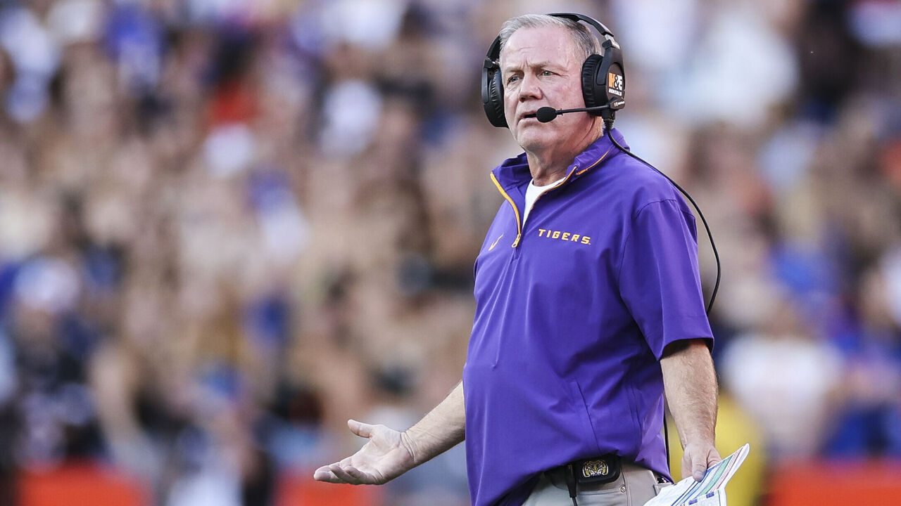 GAINESVILLE, FLORIDA - NOVEMBER 16: Head coach Brian Kelly of the LSU Tigers reacts during the first half of a game against the Florida Gators at Ben Hill Griffin Stadium on November 16, 2024 in Gainesville, Florida.