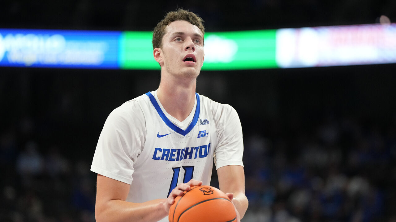 OMAHA, NE- NOVEMBER 06: Ryan Kalkbrenner #11 of the Creighton Bluejays takes a foul shot during a college basketball game against the UTRGV Vaqueros at CHI Health Center on November 06, 2024 in Omaha, Nebraska.