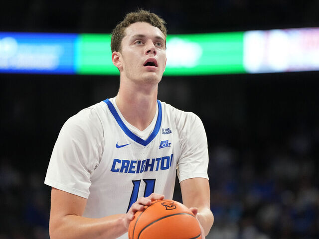 OMAHA, NE- NOVEMBER 06: Ryan Kalkbrenner #11 of the Creighton Bluejays takes a foul shot during a college basketball game against the UTRGV Vaqueros at CHI Health Center on November 06, 2024 in Omaha, Nebraska.