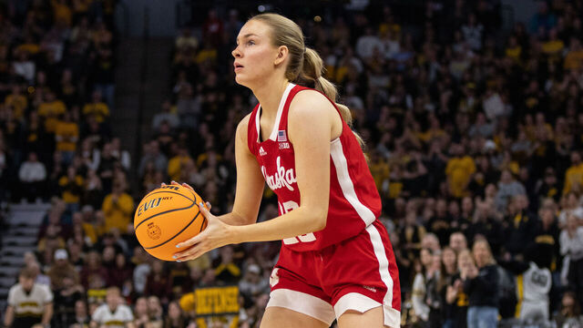 MINNEAPOLIS, MN - MARCH 10: Nebraska Cornhuskers forward Natalie Potts (22) handles the ball during the second half of a Big Ten Women's Basketball Tournament championship game between the Iowa Hawkeyes and Nebraska Cornhuskers on March 10, 2024, at the Target Center in Minneapolis, MN.