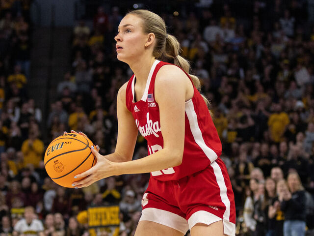 MINNEAPOLIS, MN - MARCH 10: Nebraska Cornhuskers forward Natalie Potts (22) handles the ball during the second half of a Big Ten Women's Basketball Tournament championship game between the Iowa Hawkeyes and Nebraska Cornhuskers on March 10, 2024, at the Target Center in Minneapolis, MN.