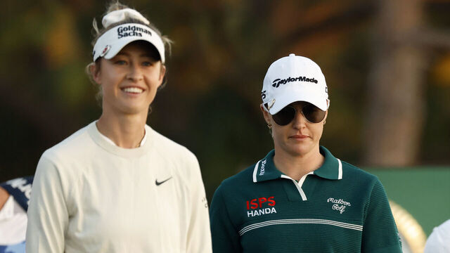 BELLEAIR, FLORIDA - NOVEMBER 16: Charley Hull of England and Nelly Korda of the United States looks on from the 18th hole during the third round of The ANNIKA driven by Gainbridge at Pelican 2024 at Pelican Golf Club on November 16, 2024 in Belleair, Florida.