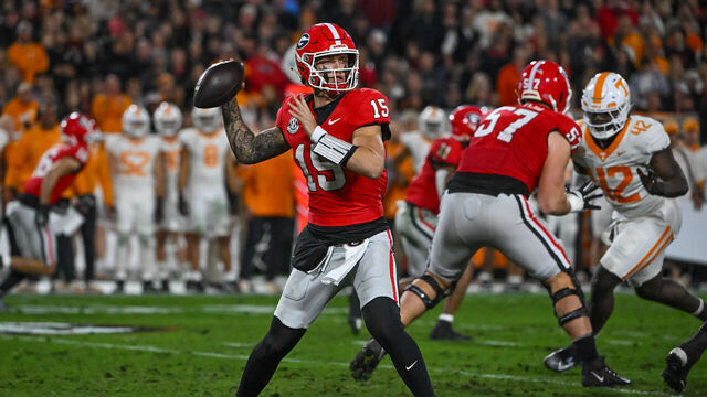 ATHENS, GA - NOVEMBER 16: Georgia Bulldogs quarterback Carson Beck (15) during the college football game between the Tennessee Volunteers and the Georgia Bulldogs on November 16, 2024, on Dooley Field at Sanford Stadium in Athens, GA.