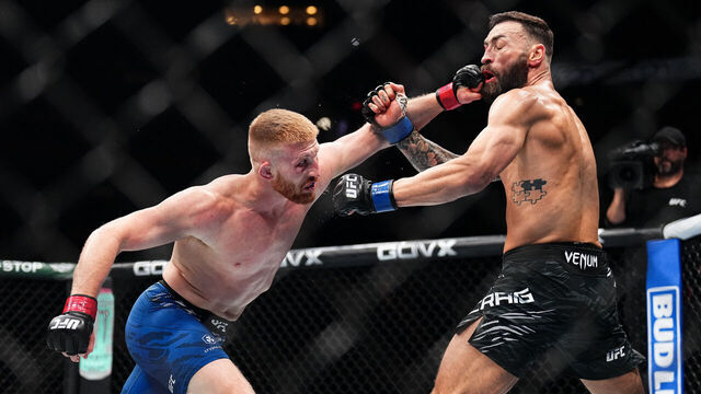 NEW YORK, NEW YORK - NOVEMBER 16: Bo Nickal of the United States of America punches Paul Craig of Scotland in a middleweight fight during the UFC 309 event at Madison Square Garden on November 16, 2024 in New York City.
