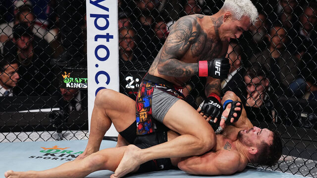 NEW YORK, NEW YORK - NOVEMBER 16: (L-R) Charles Oliveira of Brazil sits on top of Michael Chandler of the United States of America in a lightweight fight during the UFC 309 event at Madison Square Garden on November 16, 2024 in New York City.