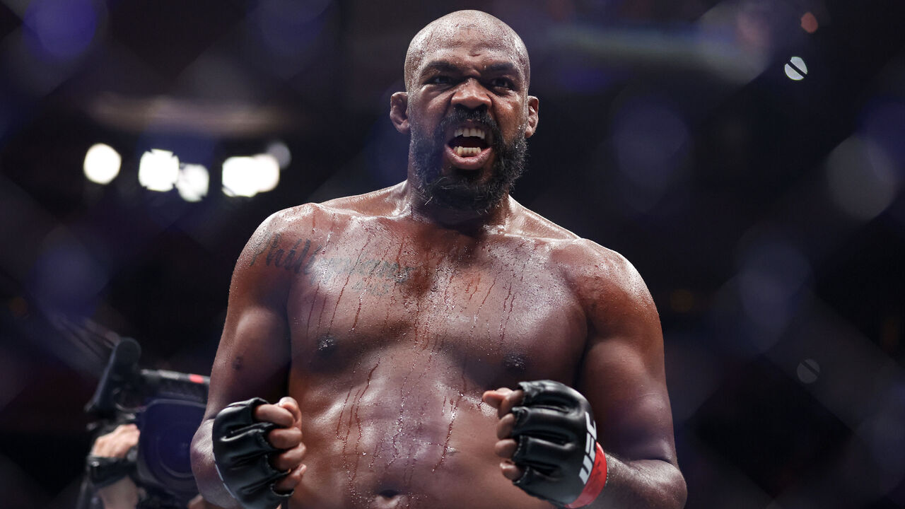 NEW YORK, NEW YORK - NOVEMBER 16: Jon Jones of the United States of America reacts after his TKO victory against Stipe Miocic of the United States of America in the UFC heavyweight championship fight during the UFC 309 event at Madison Square Garden on November 16, 2024 in New York City.