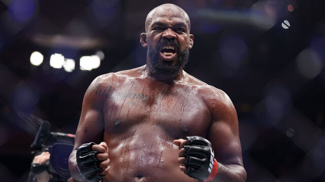 NEW YORK, NEW YORK - NOVEMBER 16: Jon Jones of the United States of America reacts after his TKO victory against Stipe Miocic of the United States of America in the UFC heavyweight championship fight during the UFC 309 event at Madison Square Garden on November 16, 2024 in New York City.