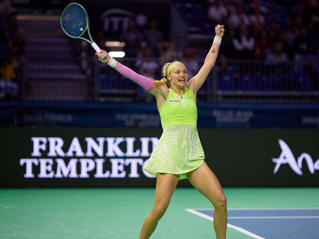 MALAGA, SPAIN - NOVEMBER 17: Rebecca Sramkova of Team Slovakia celebrates after winning the Billie Jean King Cup Finals Quarter Finals match between Australia and Slovakia at Palacio de Deportes Jose Maria Martin Carpena on November 17, 2024 in Malaga, Spain.