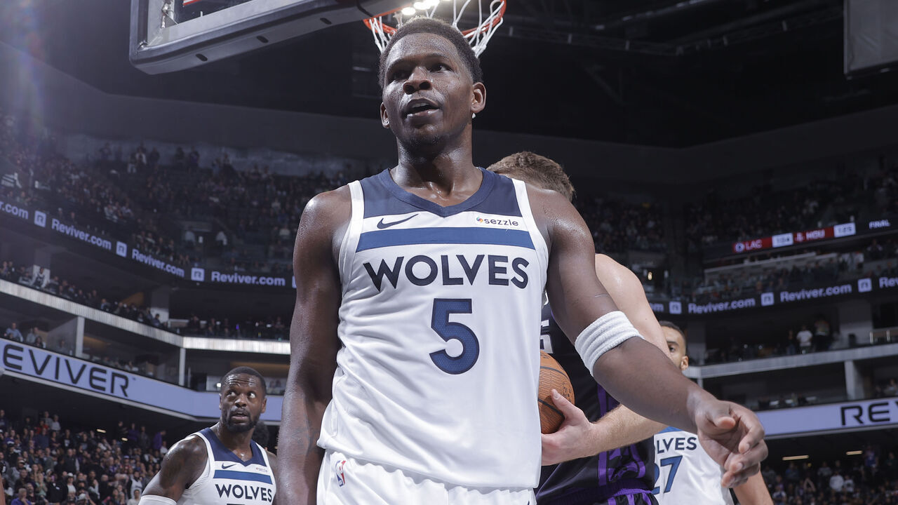 SACRAMENTO, CA - NOVEMBER 15: Anthony Edwards #5 of the Minnesota Timberwolves looks on during the game against the Sacramento Kings during the Emirates NBA Cup game on November 15, 2024 at Golden 1 Center in Sacramento, California. Mandatory Copyright Notice: Copyright 2024 NBAE