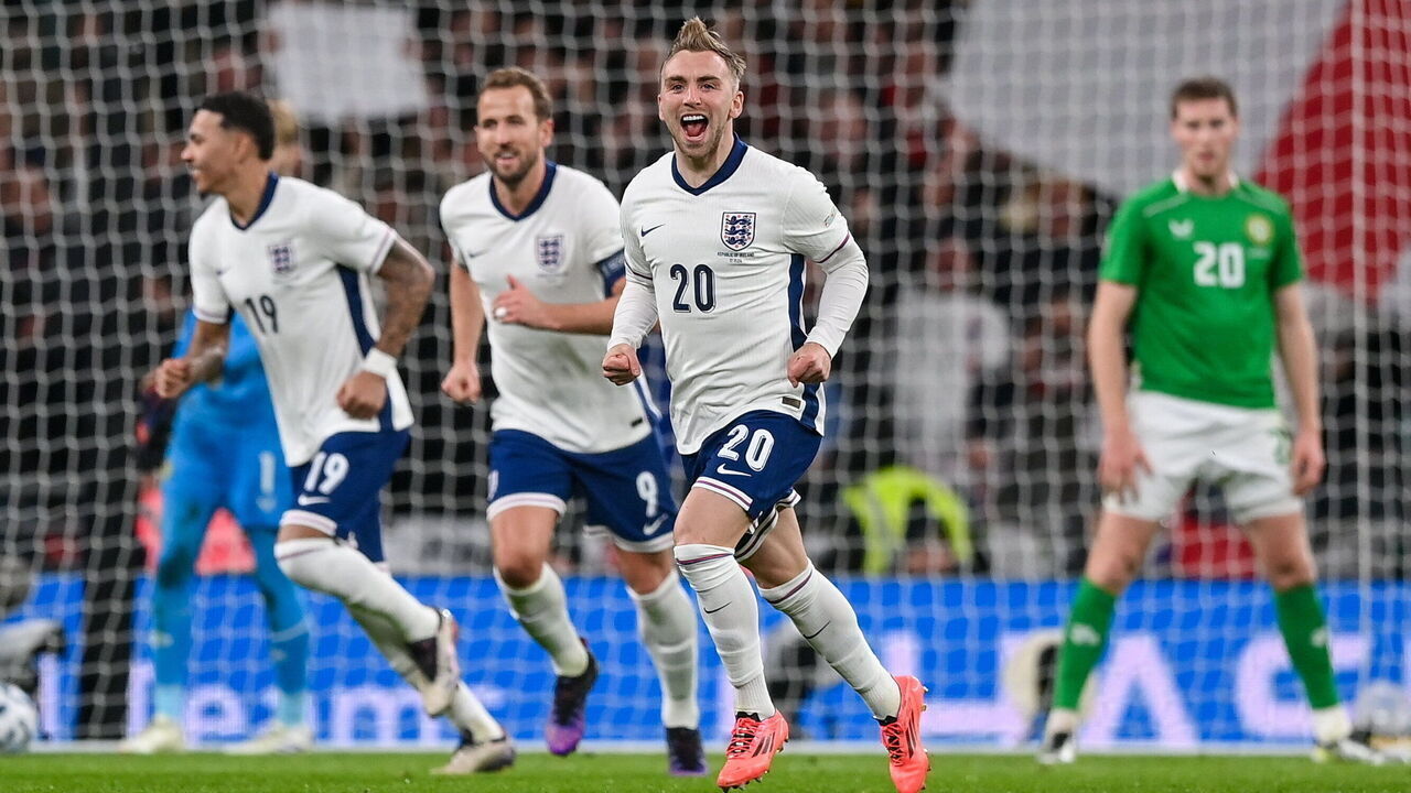 England , United Kingdom - 17 November 2024; Jarrod Bowen of England celebrates after scoring his side's fourth goal during the UEFA Nations League B Group 2 match between England and Republic of Ireland at Wembley Stadium in London, England.