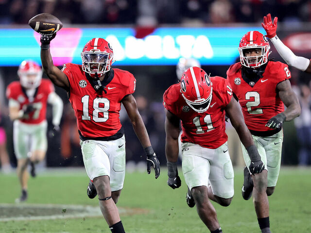 ATHENS, GA - NOVEMBER 16: Georgia Bulldogs linebacker Chris Cole (18) celebrates after recovering a fumble with less than 90 seconds left in the Saturday evening college football game between the Tennessee Volunteers and the Georgia Bulldogs on November 16, 2024 on Dooley Field at Sanford Stadium in Athens, GA.