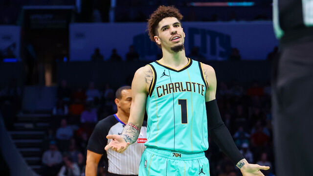 CHARLOTTE, NORTH CAROLINA - NOVEMBER 16: LaMelo Ball #1 of the Charlotte Hornets reacts to a call during the first half of a basketball game against the Milwaukee Bucks at Spectrum Center on November 16, 2024 in Charlotte, North Carolina.