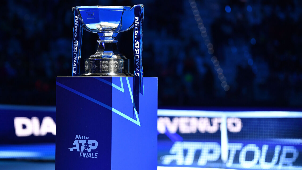 TURIN, ITALY - NOVEMBER 17: General view of the Nitto ATP Finals Men's Doubles Trophy prior to the final between Marcelo Arevalo of El Salvador and Mate Pavic of Croatia against Kevin Krawietz and Tim Puetz of Germany during the Men's Doubles final match on day eight of the Nitto ATP finals 2024 at Inalpi Arena on November 17, 2024 in Turin, Italy.