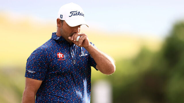 SOUTHAMPTON, BERMUDA - NOVEMBER 17: Rafael Campos of Puerto Rico reacts after putting in to win on the 18th green during the final round of the Butterfield Bermuda Championship 2024 at Port Royal Golf Course on November 17, 2024 in Southampton, Bermuda.