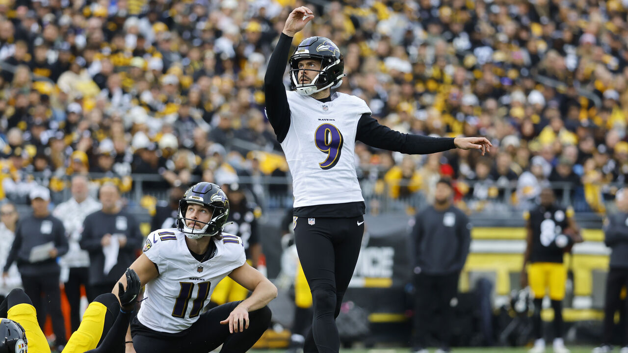 PITTSBURGH, PENNSYLVANIA - NOVEMBER 17: Justin Tucker #9 of the Baltimore Ravens reacts after an extra point in the second quarter of a game against the Pittsburgh Steelers at Acrisure Stadium on November 17, 2024 in Pittsburgh, Pennsylvania.