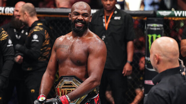 NEW YORK, NEW YORK - NOVEMBER 16: Jon Jones of the United States of America reacts after his TKO victory against Stipe Miocic of the United States of America in the UFC heavyweight championship fight during the UFC 309 event at Madison Square Garden on November 16, 2024 in New York City.