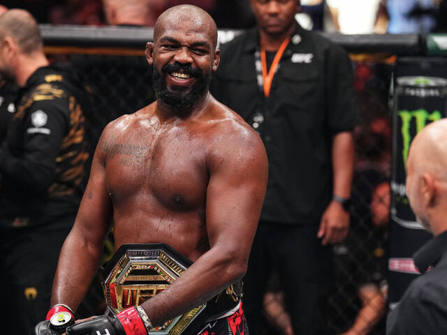 NEW YORK, NEW YORK - NOVEMBER 16: Jon Jones of the United States of America reacts after his TKO victory against Stipe Miocic of the United States of America in the UFC heavyweight championship fight during the UFC 309 event at Madison Square Garden on November 16, 2024 in New York City.