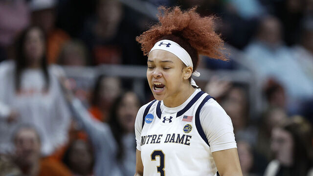 ALBANY, NEW YORK - MARCH 29: Hannah Hidalgo #3 of the Notre Dame Fighting Irish reacts after a play in the second half against the Oregon State Beavers in the Sweet 16 round of the NCAA Women's Basketball Tournament at MVP Arena on March 29, 2024 in Albany, New York.