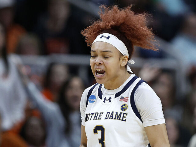 ALBANY, NEW YORK - MARCH 29: Hannah Hidalgo #3 of the Notre Dame Fighting Irish reacts after a play in the second half against the Oregon State Beavers in the Sweet 16 round of the NCAA Women's Basketball Tournament at MVP Arena on March 29, 2024 in Albany, New York.