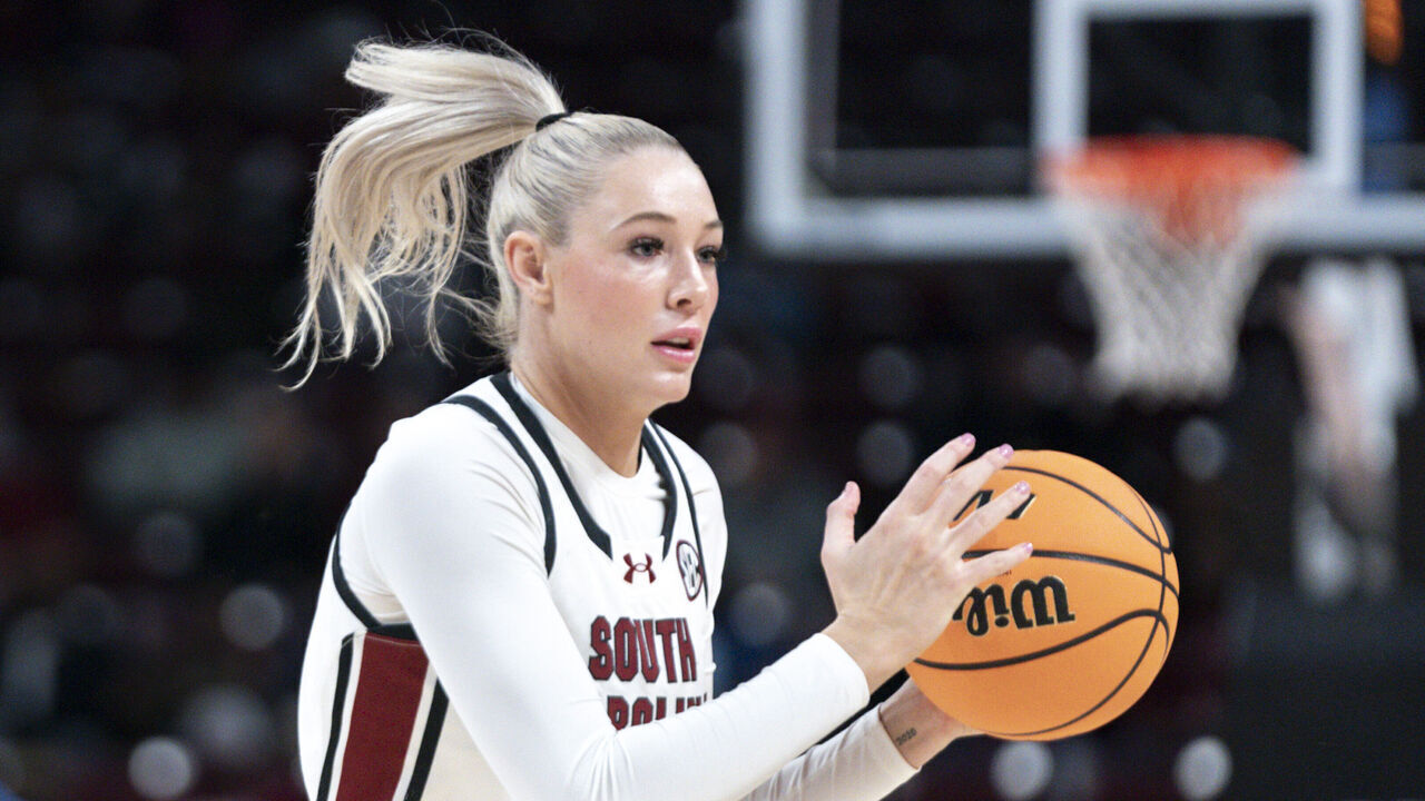 COLUMBIA, SOUTH CAROLINA - NOVEMBER 14: Chloe Kitts #21 of the South Carolina Gamecocks looks to pass the ball during an NCAA women's basketball game against the Coppin State Eagles at Colonial Life Arena on November 14, 2024 in Columbia, South Carolina. South Carolina won 92-60.