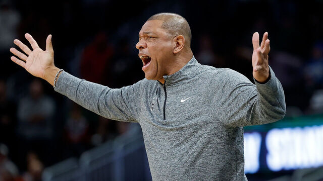 MILWAUKEE, WISCONSIN - NOVEMBER 13: Doc Rivers head coach of the Milwaukee Bucks reacts to a call during the first half of the game against the Detroit Pistons at Fiserv Forum on November 13, 2024 in Milwaukee, Wisconsin.
