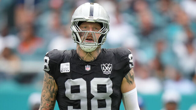 MIAMI GARDENS, FL - NOVEMBER 17: Las Vegas Raiders defensive end Maxx Crosby (98) takes looks toward the stars after a defensive play during the game between the Las Vegas Raiders and the Miami Dolphins on Sunday, November 17, 2024 at Hard Rock Stadium in Miami Gardens, Fla.
