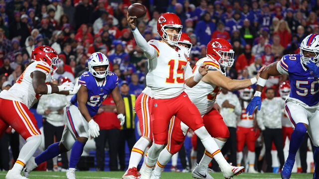 ORCHARD PARK, NEW YORK - NOVEMBER 17: Patrick Mahomes #15 of the Kansas City Chiefs throws a pass against the Buffalo Bills during the fourth quarter at Highmark Stadium on November 17, 2024 in Orchard Park, New York.