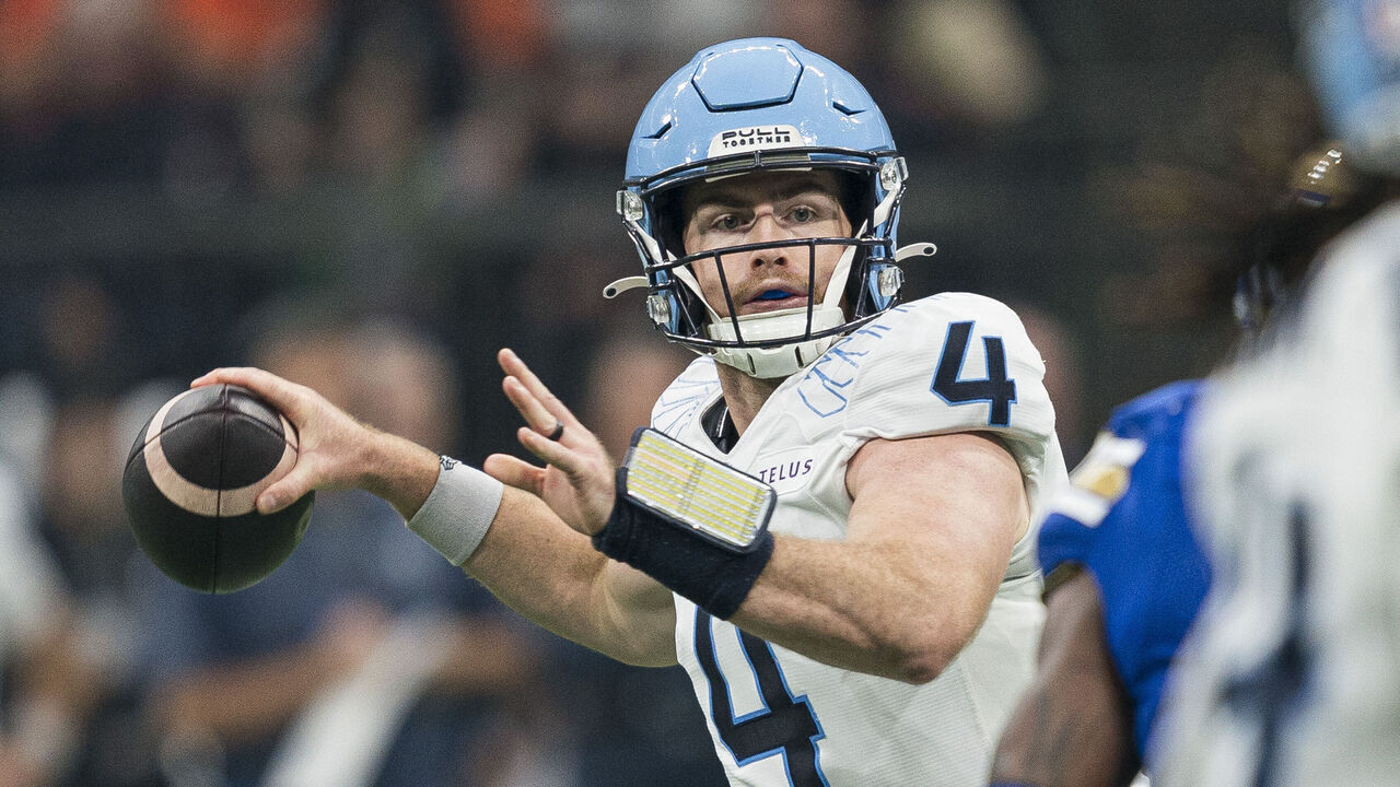 VANCOUVER, CANADA - NOVEMBER 17: Quarterback Nick Arbuckle #4 of the Toronto Argonauts throws a pass against the Winnipeg Blue Bombers during the first half in CFL football action during the 2024 Grey Cup at BC Place on November 17, 2024 in Vancouver, Canada.