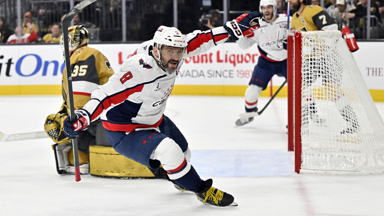 LAS VEGAS, NEVADA - NOVEMBER 17: Alex Ovechkin #8 of the Washington Capitals celebrates his goal against the Vegas Golden Knights during the second period at T-Mobile Arena on November 17, 2024 in Las Vegas, Nevada.