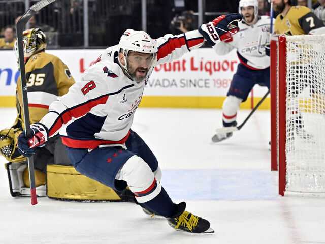 LAS VEGAS, NEVADA - NOVEMBER 17: Alex Ovechkin #8 of the Washington Capitals celebrates his goal against the Vegas Golden Knights during the second period at T-Mobile Arena on November 17, 2024 in Las Vegas, Nevada.
