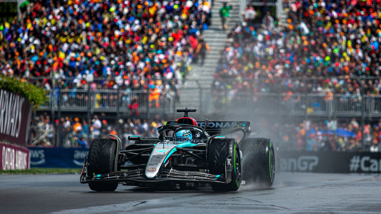 George Russell of the UK is driving the (63) Mercedes-AMG Petronas F1 Team F1 W15 E Performance Mercedes during the Formula 1 AWS Grand Prix Du Canada in Montreal, Canada, on June 9, 2024.